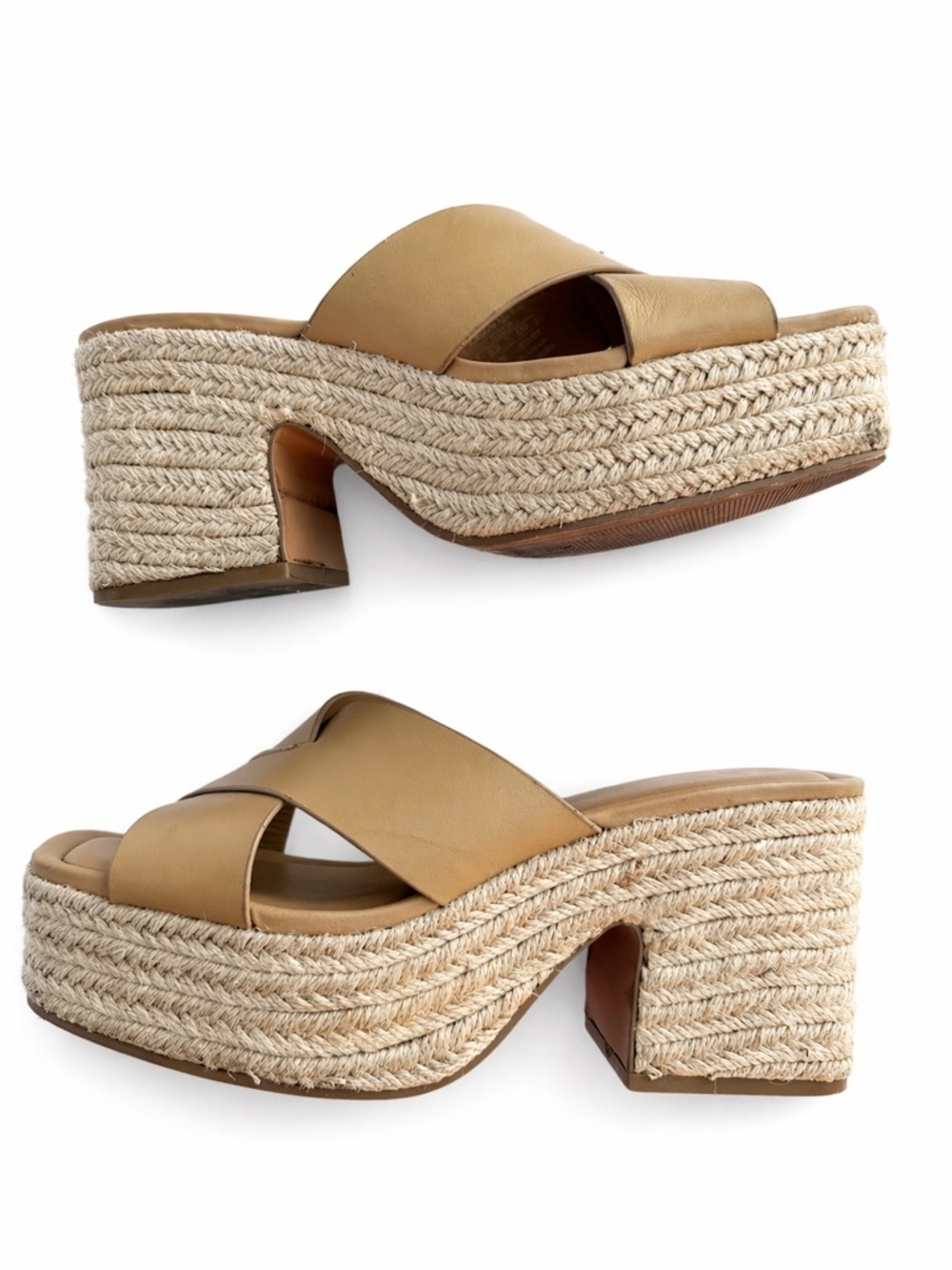 Zara Chunky Heel Leather Wedges Platform Nude size 9 Sandals Slip On - Picture 2 of 6